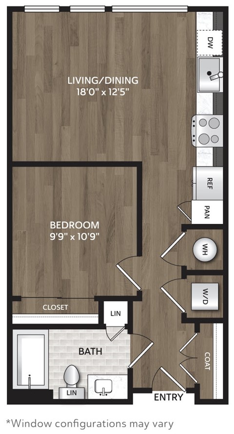 Floor plan for studio, 1 bath, 571 sqft
